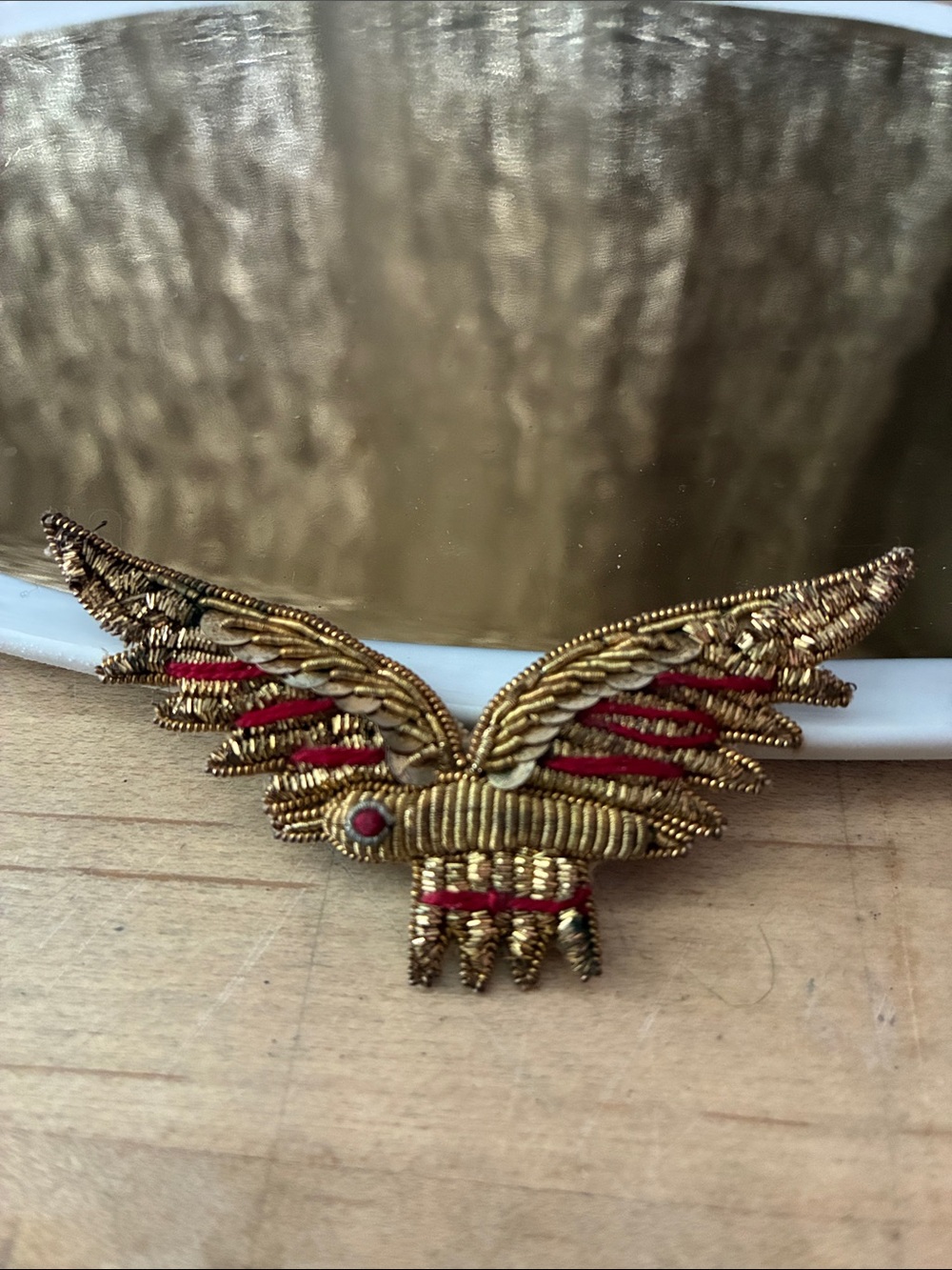 Vintage Handmade Embroidered Metallic Eagle Brooch Pin!